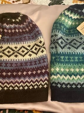 Set of two Fair Isle Knit Beanie Hats - Blue & Green Pattern